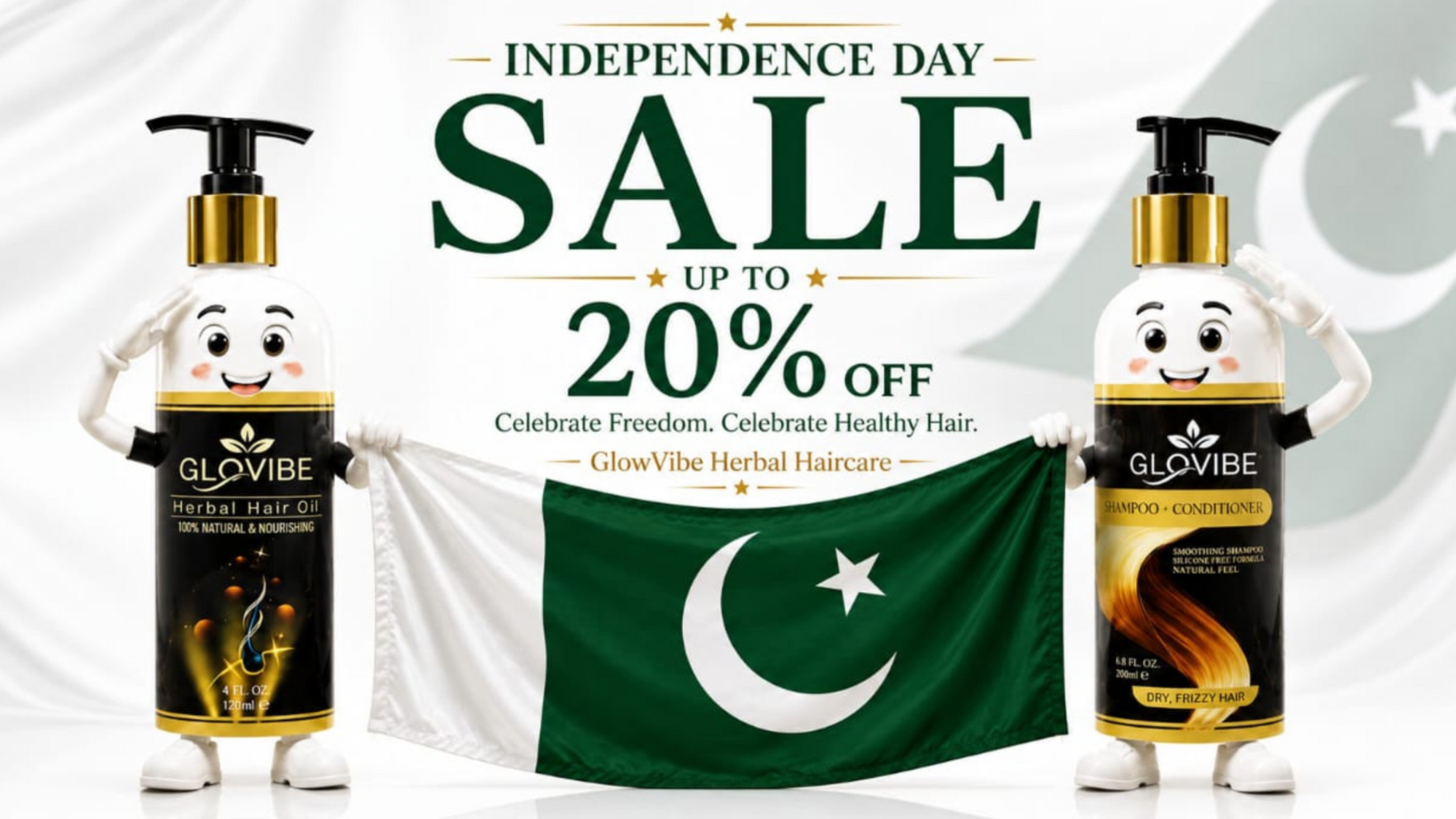 Promotional banner for Glovibe Herbal Haircare featuring two cartoon-style haircare bottles flanking a Pakistan flag, with large text reading 'Independence Day Sale Up to 20% Off'.
